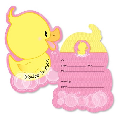 Big Dot of Happiness Pink Ducky Duck - Shaped Fill-in Invitations - Baby Shower or Birthday Party Invitation Cards with Envelopes - Set of 12