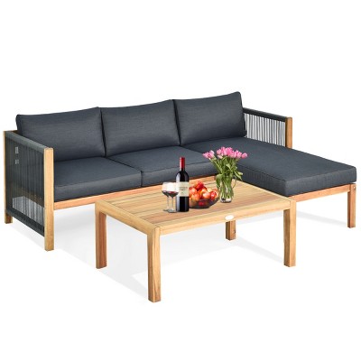 Costway  3PCS Patio Sofa Furniture Set Thick Cushion Acacia Wood