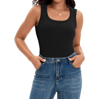ATHLECHIC Women's Scoop Neck Ribbed Wide Strap Sleeveless Workout Basic Sport Tank Tops
