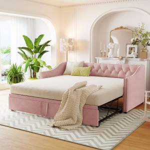 Twin Size Upholstered daybed with Pop Up Trundle, Pink - 1 of 4