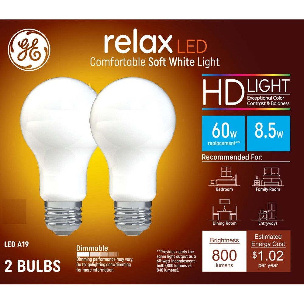 Photos - Light Bulb GE 2pk 60W Relax A19 LED  Soft White: Dimmable E26 Base, 800 Lumens, Energy Star Certified, 13.7-Year Life