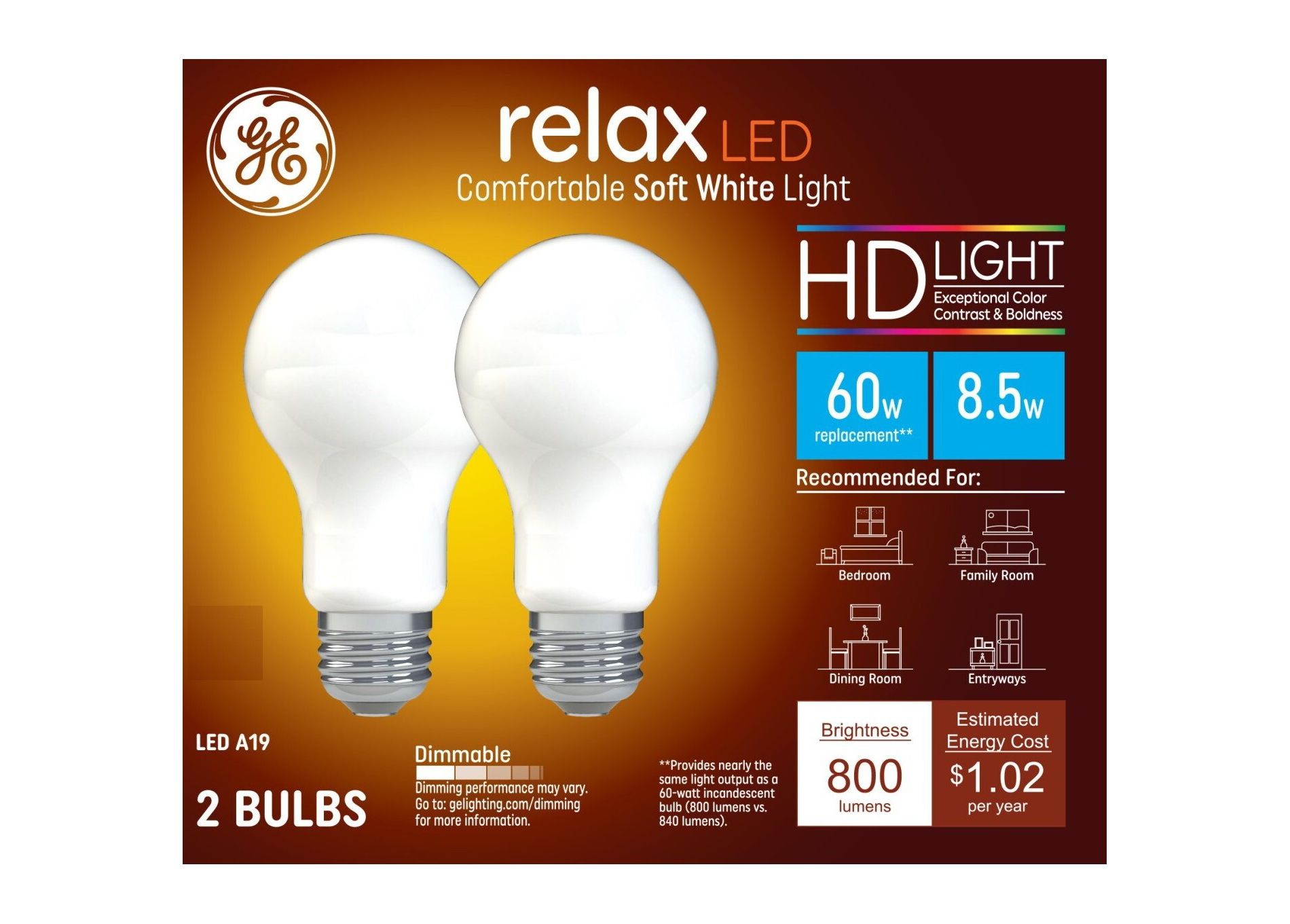 GE 2pk 60W Relax A19 LED Light Bulbs Soft White