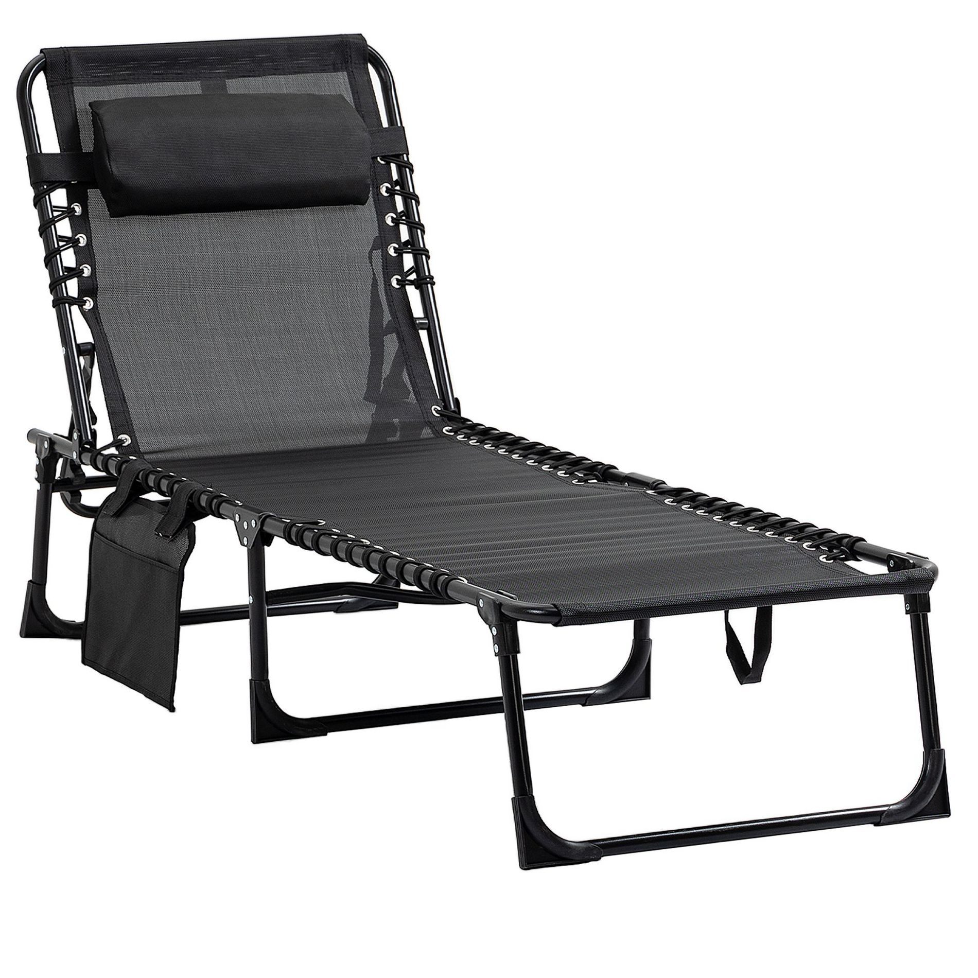 Okak Reclining Folding Chair with Adjustable Backrest, Beach Chair with Removable Pillow, Chaise Lounge Chair for Patio, Garden, Beach, Black