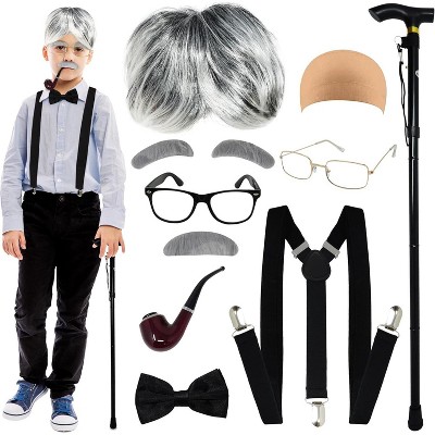 4E's Novelty Old Man Costume 10 Pcs Set for Kids ages 3-14 Years - 100 Days of School Costume for Boys Dress Up Accessories Includes Wig Cane