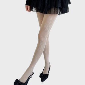 Anna-Kaci Women's Sheer Bow Line Pattern Tights with Soft Stretch Mesh, Delicate Ribbon Artwork, and Smooth Knit Finish - 1 of 4
