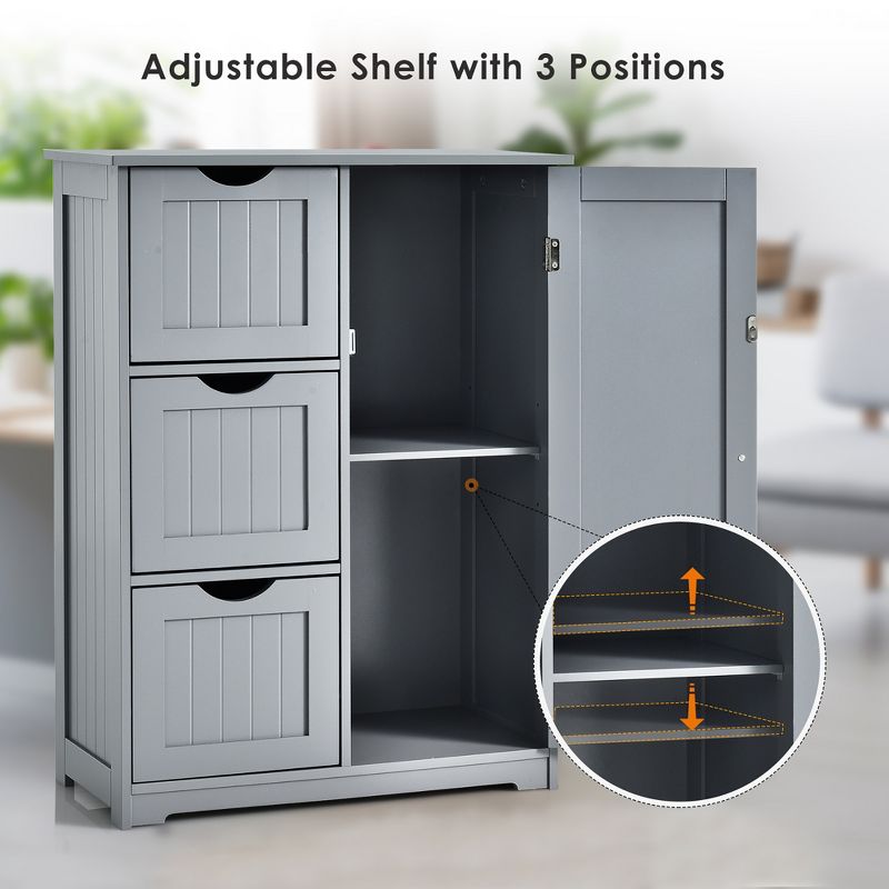 Costway Bathroom Floor Cabinet Side Storage Cabinet with 3 Drawers and 1 Cupboard Grey\ Black, 5 of 10