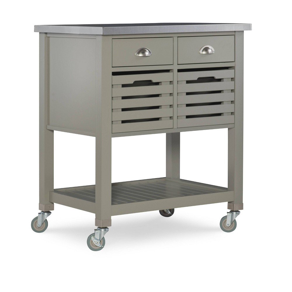 Linon Robbin Gray Wood Movable Kitchen Cart Stainless Steel Top Storage Drawers & Cabinet : Pine Frame, Locking Casters