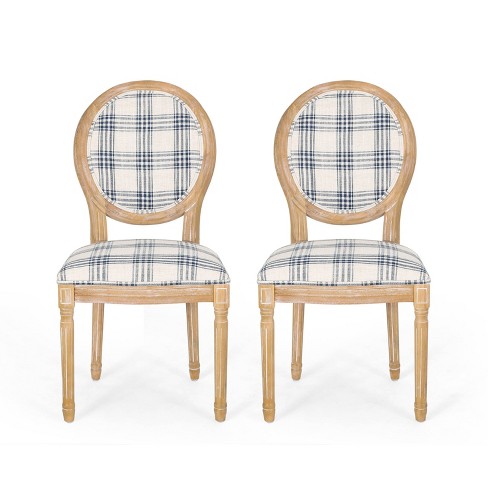 Set of 2 Phinnaeus French Country Fabric Dining Chairs Dark Blue  Plaid/Light Beige - Christopher Knight Home