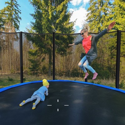14 ft Black and Blue Outdoor Trampoline with Safety Net and Ladder