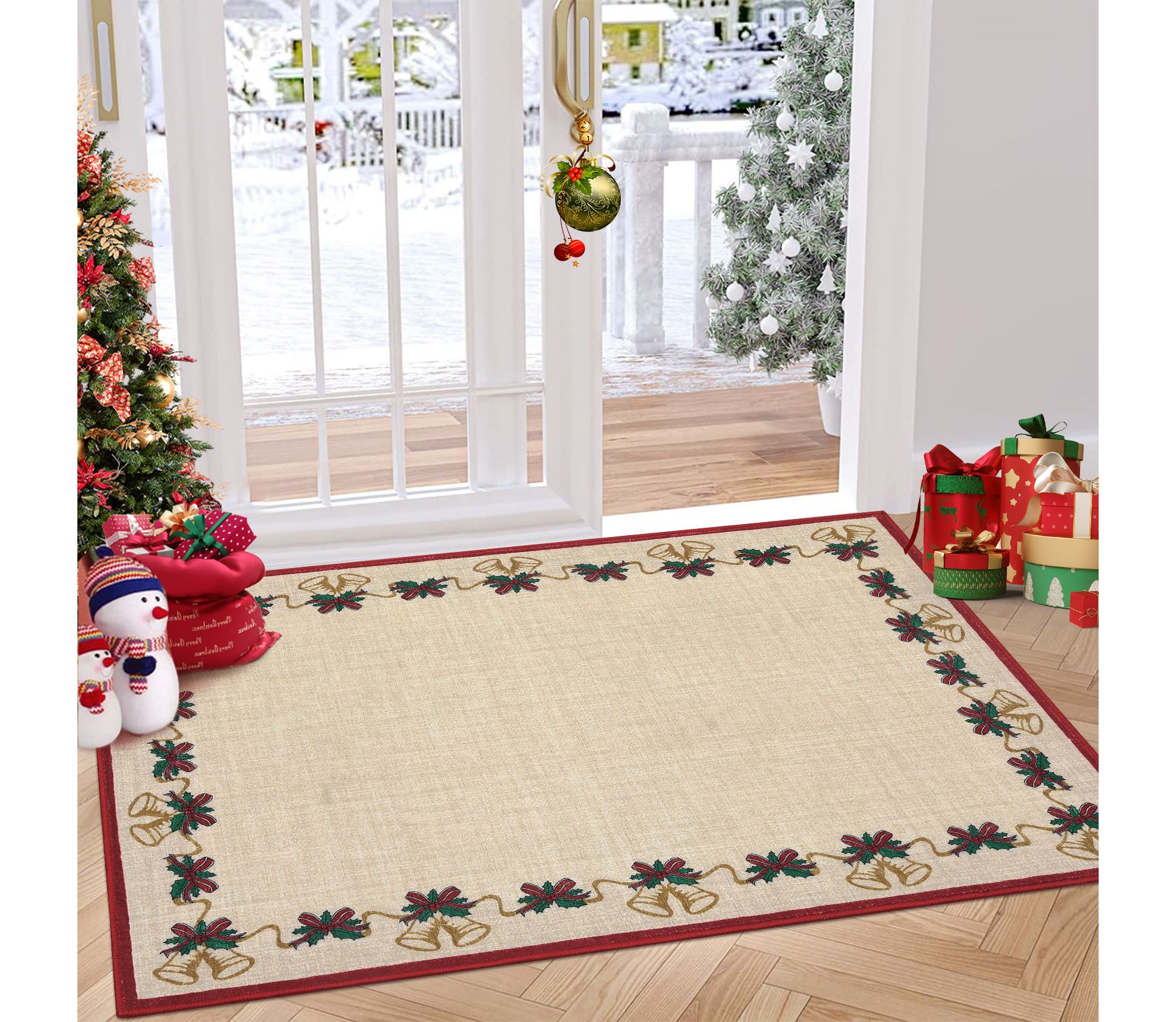 Christmas Area Rugs, Bells Holly Berry Ribbon Garland Traditions Throw Carpet Runner Rugs for Living Room Bedroom Kitchen Dining Room Nursery Office