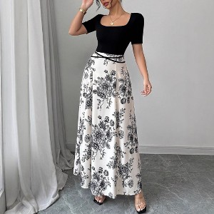 Coolmee Women's Maxi Dress Floral Print Layered Short Sleeve Square Neck  High Waist A Line Summer Fashion Long Dress M Black