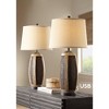 John Timberland Parker Rustic Farmhouse Table Lamps 28 1/2" Tall Set of 2 Hammered Bronze Wood with USB Charging Port Oatmeal Tapered Drum for Bedroom - 2 of 4