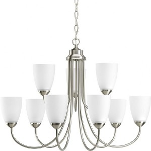 Progress Lighting Gather Collection 9-Light Two-Tier Chandelier, Brushed Nickel, White Etched Glass Shades - 1 of 2