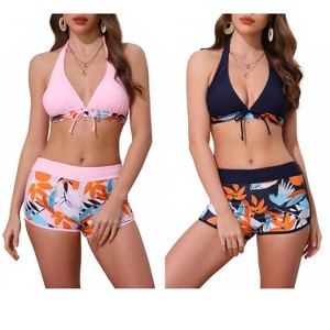 INSPIRE CHIC Women's Leaf Print Color Block Halter Top Boyshorts Bottom Swimwear Bathing Bikini Suits 2 Sets - 1 of 4