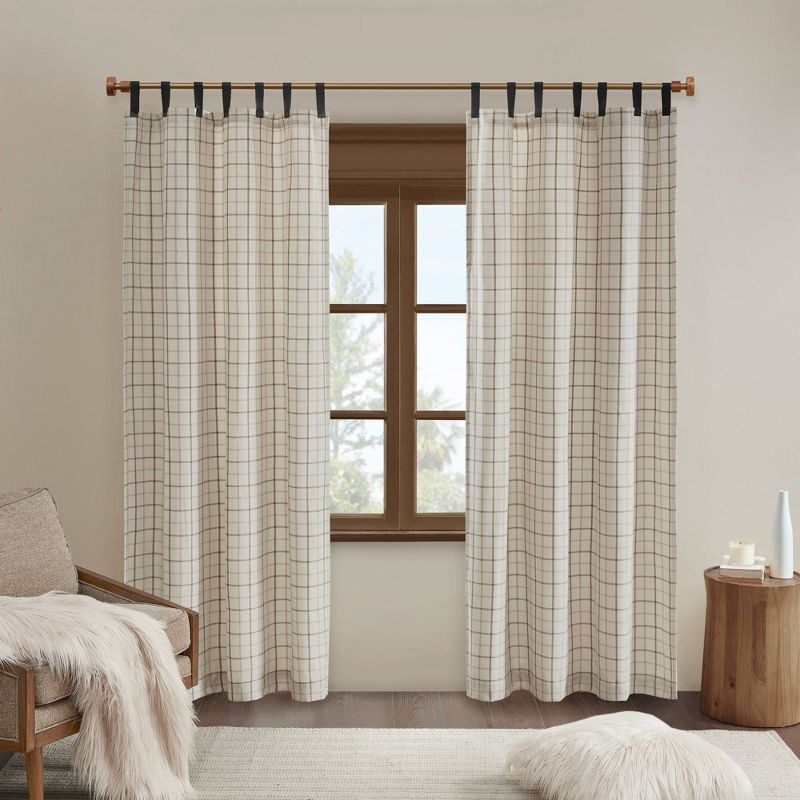 50"x84" Madison Park Light Filtering Preston Plaid Faux Leather Tab Top Curtain Panel with Fleece Lining, 1 of 13