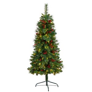 5ft. Flat Back Pine Artificial Christmas Tree with Pinecones, Berries & 110 Warm White Lights – Space-Saving Holiday X-Mas Tree - 1 of 4