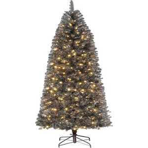 6/7.5ft Prelit Black Christmas Tree with Lights,Slim Artificial Pencil Christmas Tree Automatic Branches for Home,Office,Party Decoration - 1 of 4