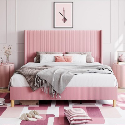 Bed Frame Upholstered Platform Bed with Wing Side/Wooden Slat Support/Velvet Headboard/Mattress Foundation/No Box Spring Needed