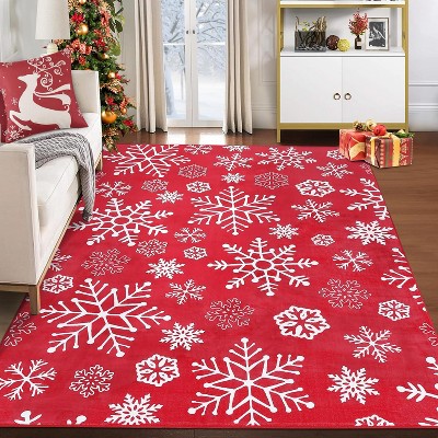 6x9 Christmas Area Rug, Washable Snowflake Pattern Velvet Foldable Decorative Carpet for Coffee Table Bedroom Dining Table, Holiday Decor
