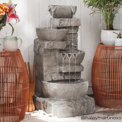 Stone Gray Cascading Bowls and Stacked Stones LED Outdoor Fountain