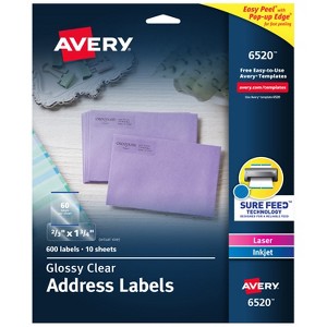 Avery Glossy Clear Address Labels, Sure Feed Technology, Laser/Inkjet, 2/3" x 1-3/4", 600 Labels (6520) - 1 of 4