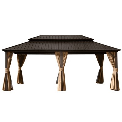 Gloweer Hardtop Gazebo, Outdoor Aluminum Frame Canopy with Galvanized Steel Roof, Permanent Metal Pavilion with Curtains and Netting