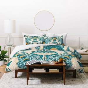 Deny Designs Twin/Twin Extra Long Avenie Unicorn Damask Duvet Cover and Pillow Shams Turquoise Gold: Abstract Pattern, Machine Washable - 1 of 4