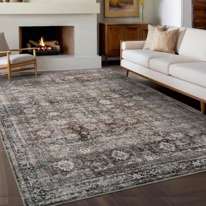 Washable Area Rugs Non-Slip Vintage Rugs for Living Room, Low Pile Stain-Resistant Distressed Oriental Carpet, Foldable Floral Print Floor Covering - 1 of 4