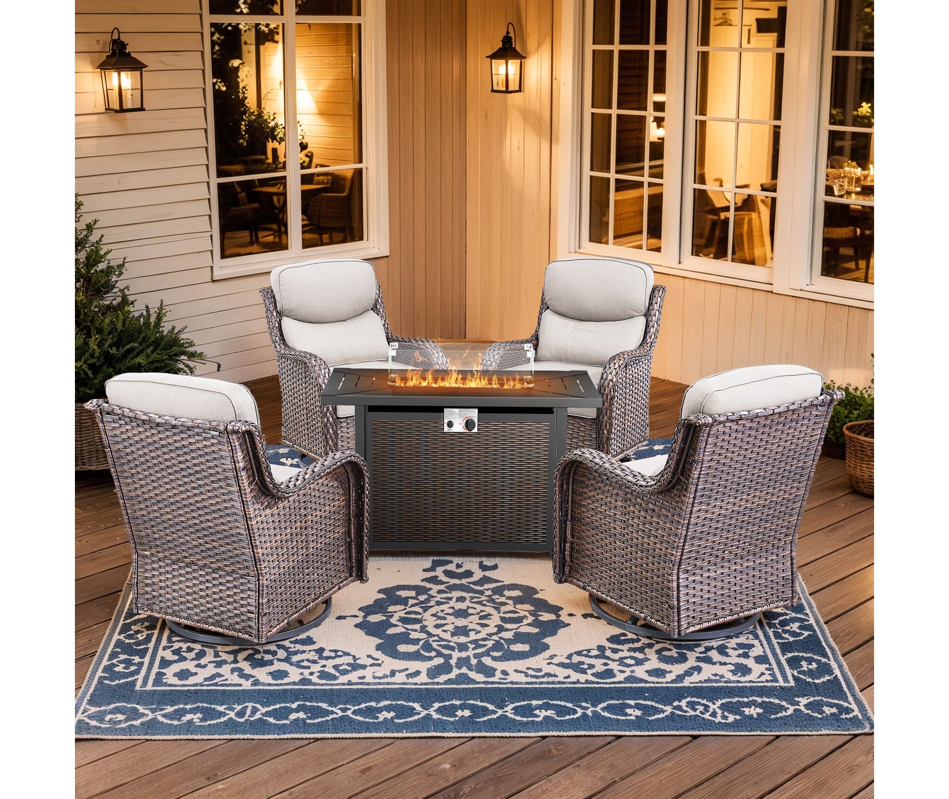 Gymojoy 5 Pieces/7 Pieces Outdoor Fire Pit Table with Patio Swivel Glider Chairs Table Set
