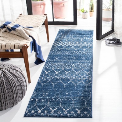 Boho-Chic Blue/Ivory Geometric Hand-Knotted Runner Rug