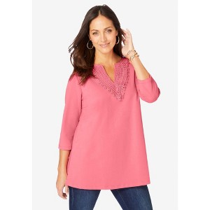 Jessica London Stretch Cotton Crochet Notch Neck Tunic - 1 of 3