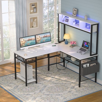 Aheaplus Reversible L-shaped Computer Desk with Storage Shelves and LED Strip and Power Outlets
