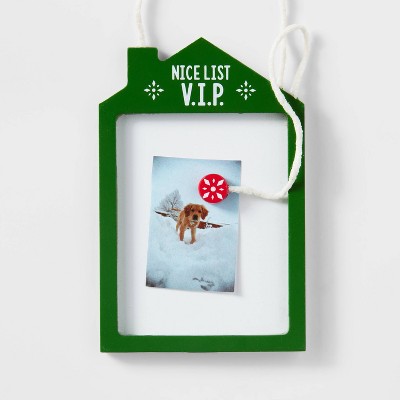 Wood & Metal Nice List VIP House with Magnet Christmas Tree Ornament Green/Red - Wondershop™