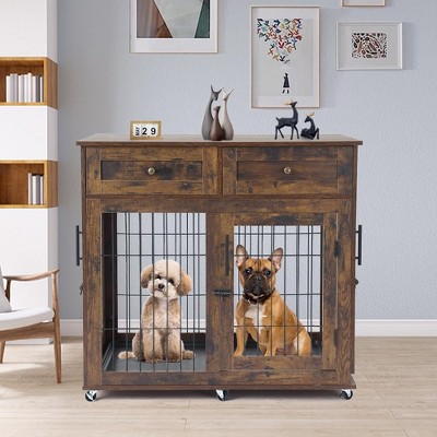 Dog Crate Furniture with 2 Drawers, Wooden Dog Kennel with Divider and Removable Tray, Double Rooms Dog Cage for 2 Dogs, Wooden Dog Crate End Table
