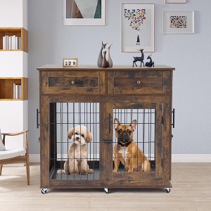 Dog Crate Furniture with 2 Drawers, Wooden Dog Kennel with Divider and Removable Tray, Double Rooms Dog Cage for 2 Dogs, Wooden Dog Crate End Table - 1 of 4
