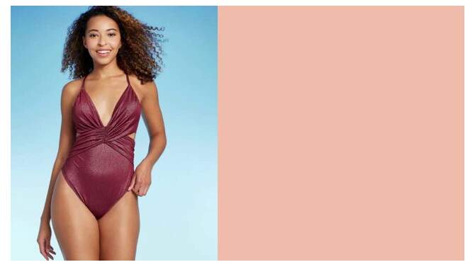 Women's Monokini Plunge Cut Out High Leg Lurex One Piece Swimsuit - Shade & Shore™ Burgundy, 2 of 6, play video