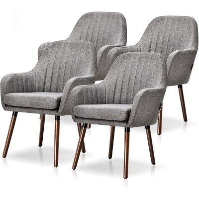 Tangkula Modern Dining Chairs Set of 4 Upholstered Kitchen Chairs with Rubber Wood Legs Thick Sponge Seat Non-Slipping Pads Arm Accent Chairs Gray