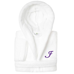 Personalized Linum Kids 100% Polyester SUPER PLUSH Double Brushed Hooded Bathrobe in Purple Script Font - 1 of 3