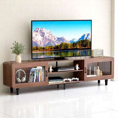 Mid Century Modern TV Stand, Wood Entertainment Center with Power Outlets, Media Console with Sliding Doors and Open Shelf for Living Room -Walnut