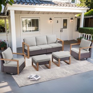 Buenhomino 5Pieces Patio Furniture Set, Outdoor Wicker Sofa Couch with Metal Armrest, Swivel Rocking Chairs, Ottomans - 1 of 4