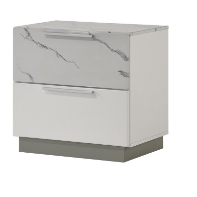 Vynxaria 2-Drawer Nightstand, Two-Tone High-Gloss Marble & White Lacquer Finish, Red Velvet-Lined Top Drawer, Compact Elegant Design