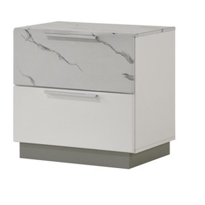 Vynxaria 2-Drawer Nightstand, Two-Tone High-Gloss Marble & White Lacquer Finish, Red Velvet-Lined Top Drawer, Compact Elegant Design - 1 of 4