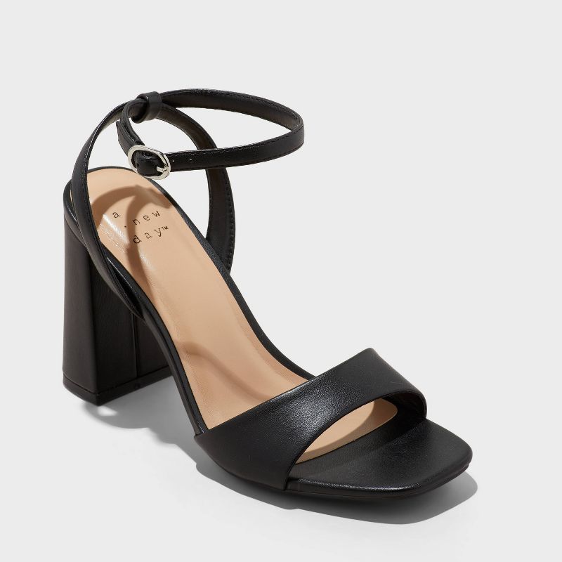 Women's Haley Ankle Strap Single Band Flare Heels with Memory Foam Insole - A New Day™ Black 5: Cushioned Square Toe, Block Heel