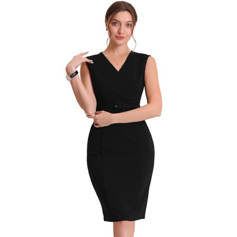 Allegra K Women's Sleeveless V Neck Business Office Belt Pencil Dresses  Black Medium