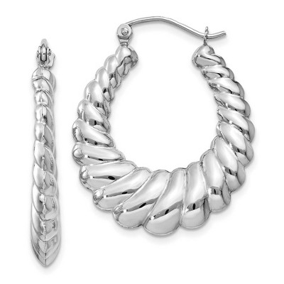 Black Bow Jewelry 4mm x 29mm Polished 14k White Gold Hollow Oval Shrimp Hoop Earrings