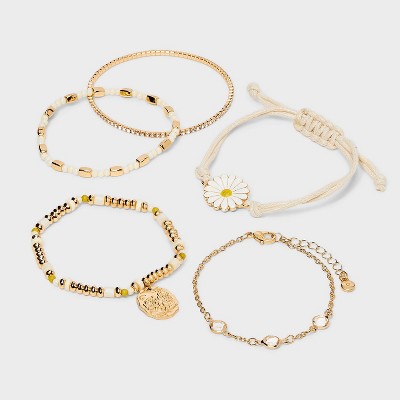 Dainty Chain with Coin and Flower Bracelet Set 5pc - Wild Fable™ Gold