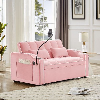 CAVINAS Versatile Foldable Sofa Bed in 3 Lengths, Modern Loveseat Sofa with Usb Port/Ashtray/Swivel Phone Stand, Velvet Pull-Out Bed