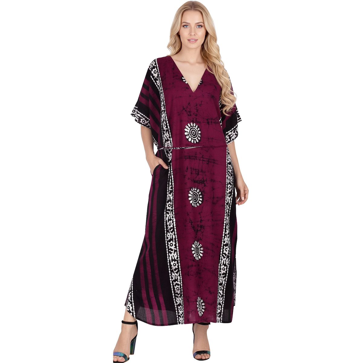 LA LEELA Summer Cotton Women Holiday Caftan Dress Resortwear Vacation Cruise Lounge Wear Flowy Relaxed Silhouette 2X-3X Red Floral
