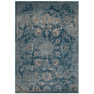 Modway Cynara Distressed Floral PersianMedallion 5x8 Area Rug - Silver Blue, Teal and Beige,  Gripping Rubber Underside ,  Medallion Area Rug