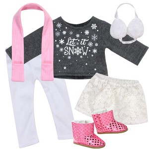 Sophia's - 18" Doll - "Let It Snow" Sweater, Lace Skirt, Leggings, Earmuffs, Pocket Scarf & Ewe Boots - Grey/White/Pink - 1 of 4